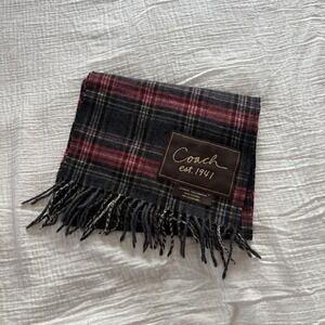 Coach Scarf Plaid Wool Cashmere Black Red Tartan Fringe Classic Unisex